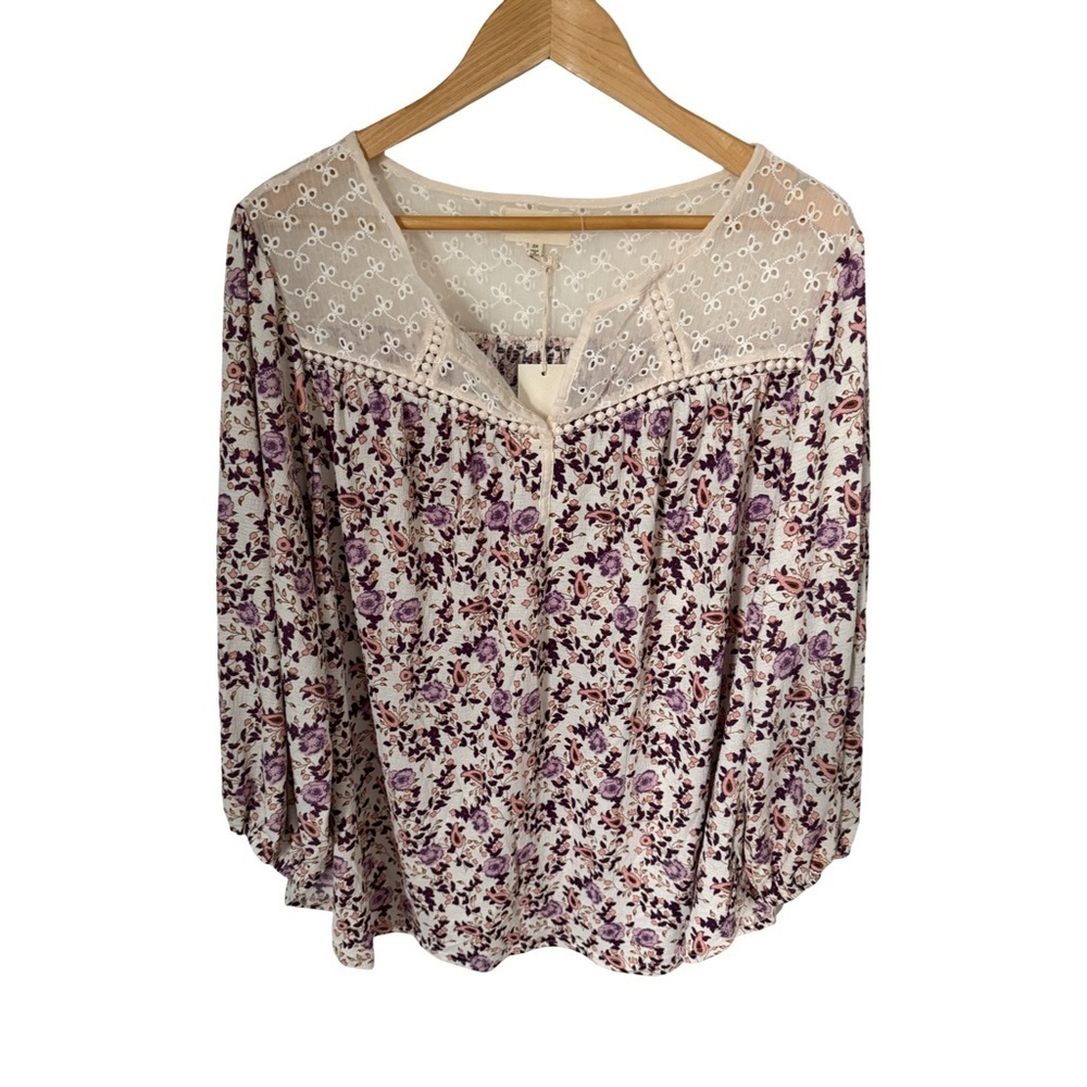 Melloday Ivory & Purple Floral Eyelet Boho Peasant Blouse Top NWT Size 3X